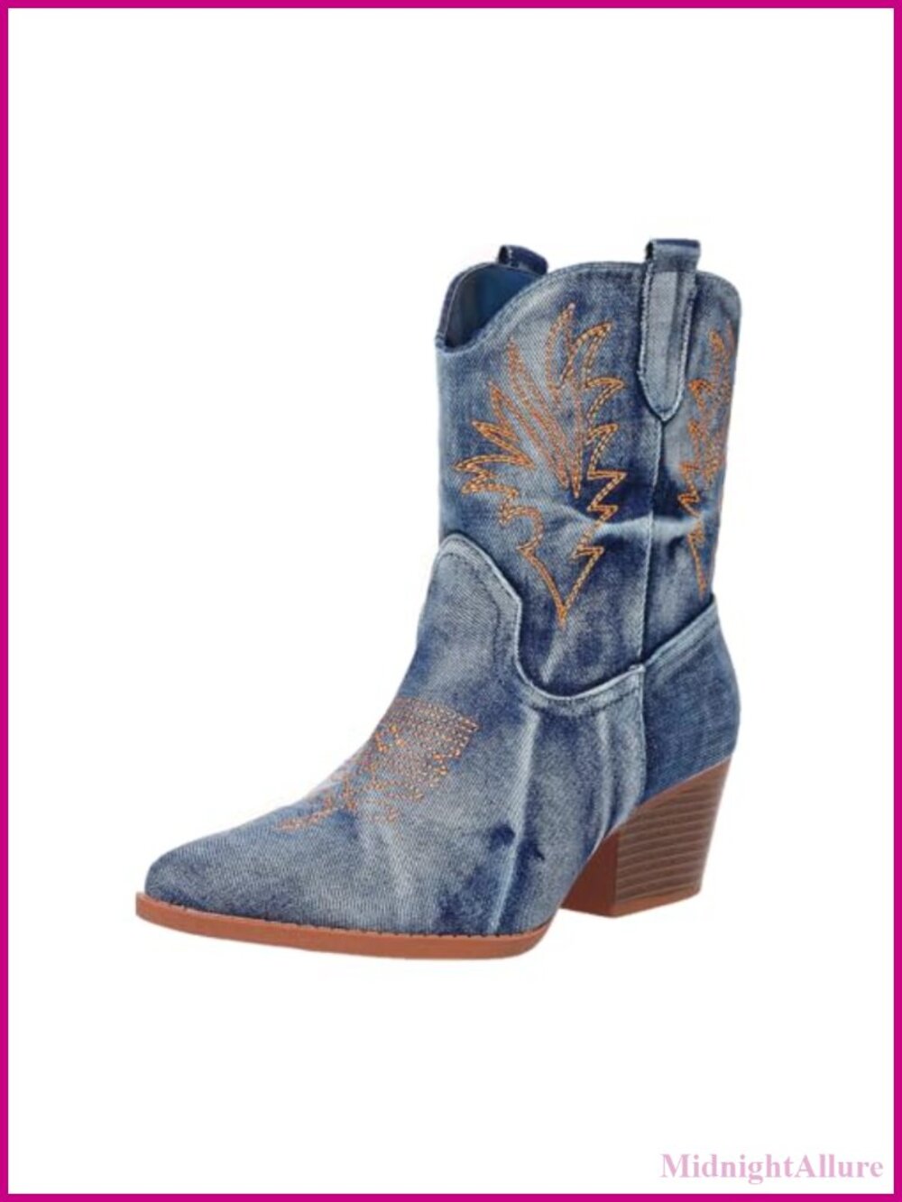 Pointed Toe Faux Suede Western Ankle Booties Block Heel Embroidered
